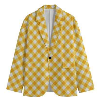 Honey Yellow And White Gingham Print Men's Blazer