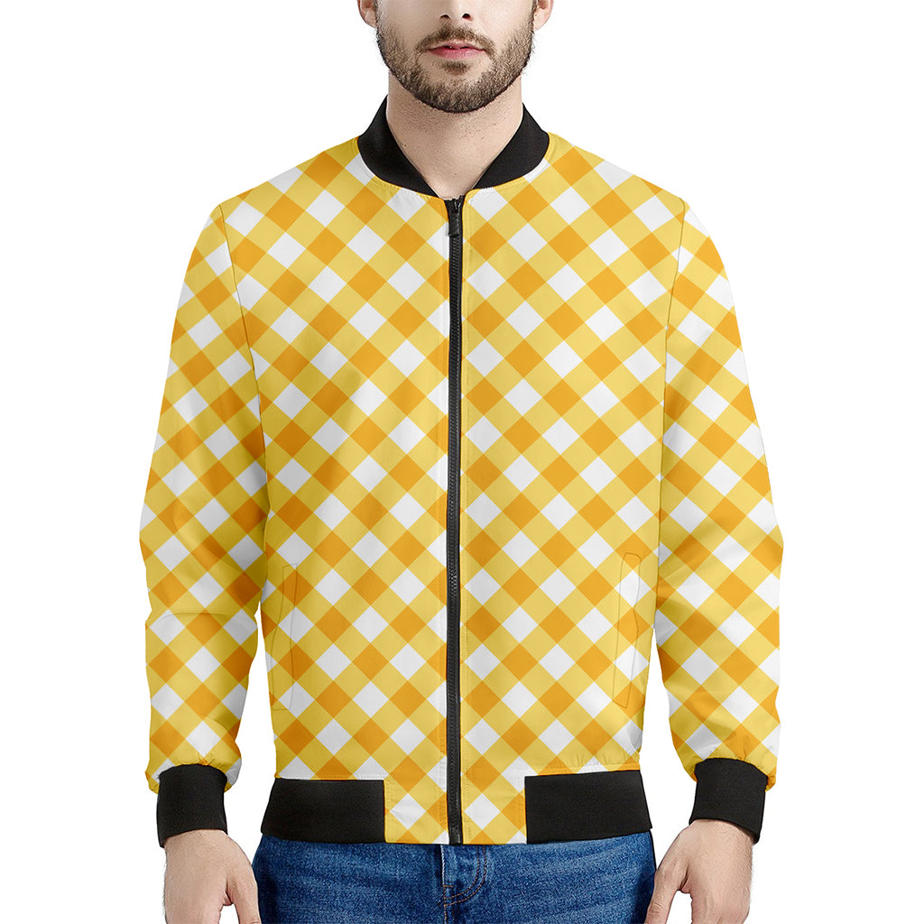 Honey Yellow And White Gingham Print Men's Bomber Jacket