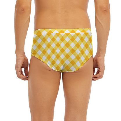 Honey Yellow And White Gingham Print Men's Briefs