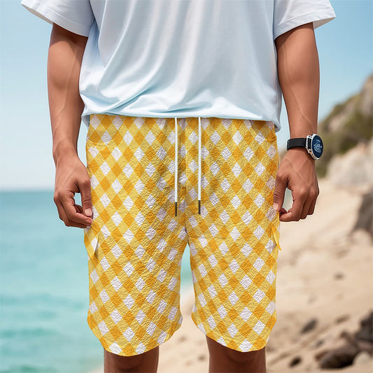 Honey Yellow And White Gingham Print Men's Cargo Shorts