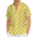 Honey Yellow And White Gingham Print Men's Deep V-Neck Shirt