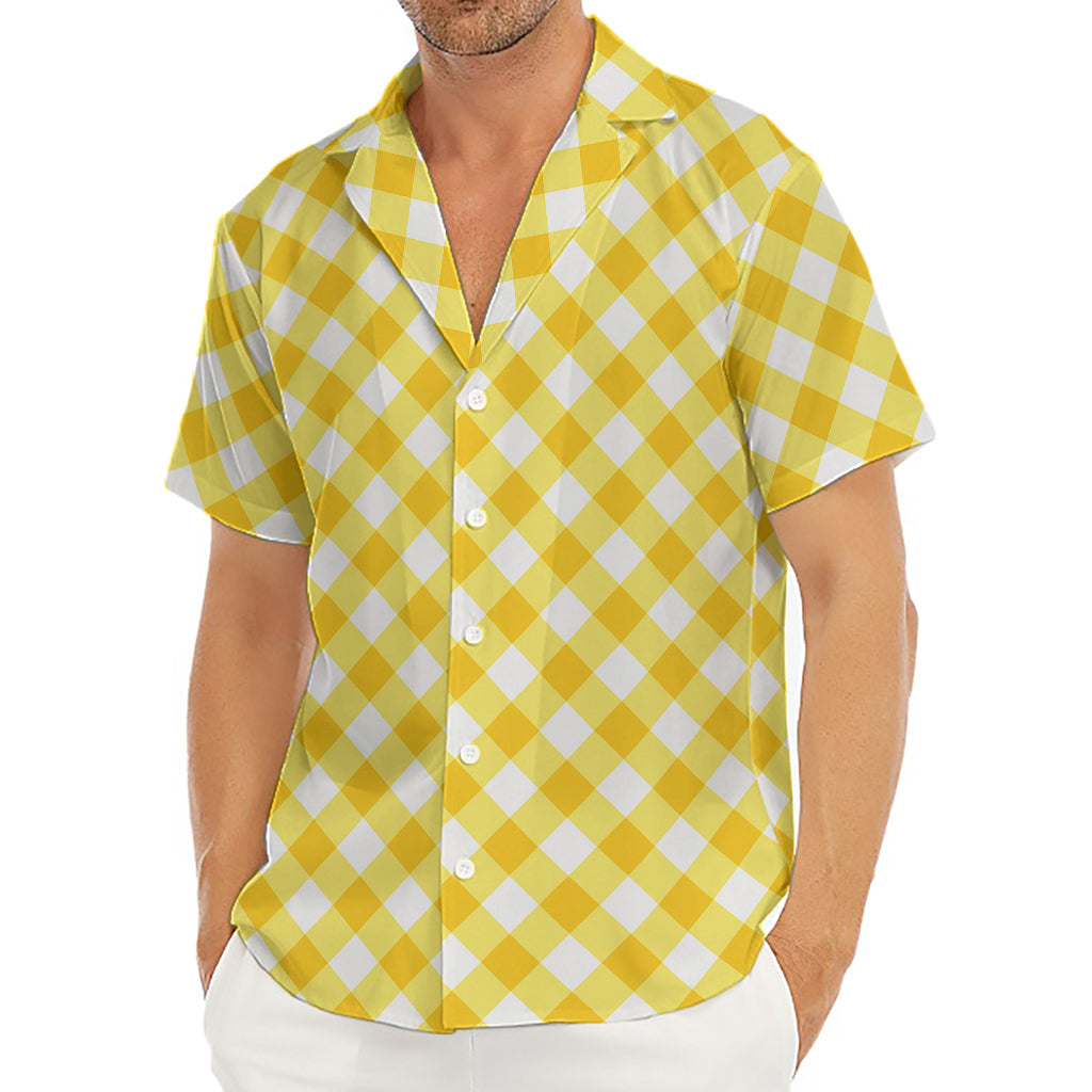 Honey Yellow And White Gingham Print Men's Deep V-Neck Shirt