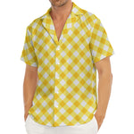 Honey Yellow And White Gingham Print Men's Deep V-Neck Shirt
