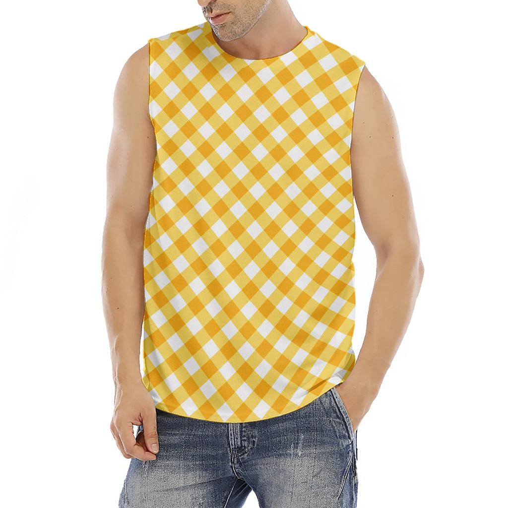 Honey Yellow And White Gingham Print Men's Fitness Tank Top