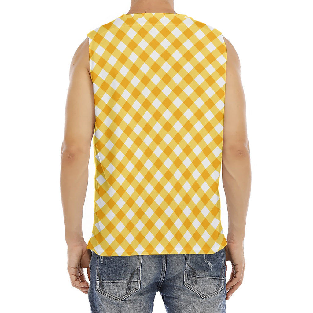 Honey Yellow And White Gingham Print Men's Fitness Tank Top