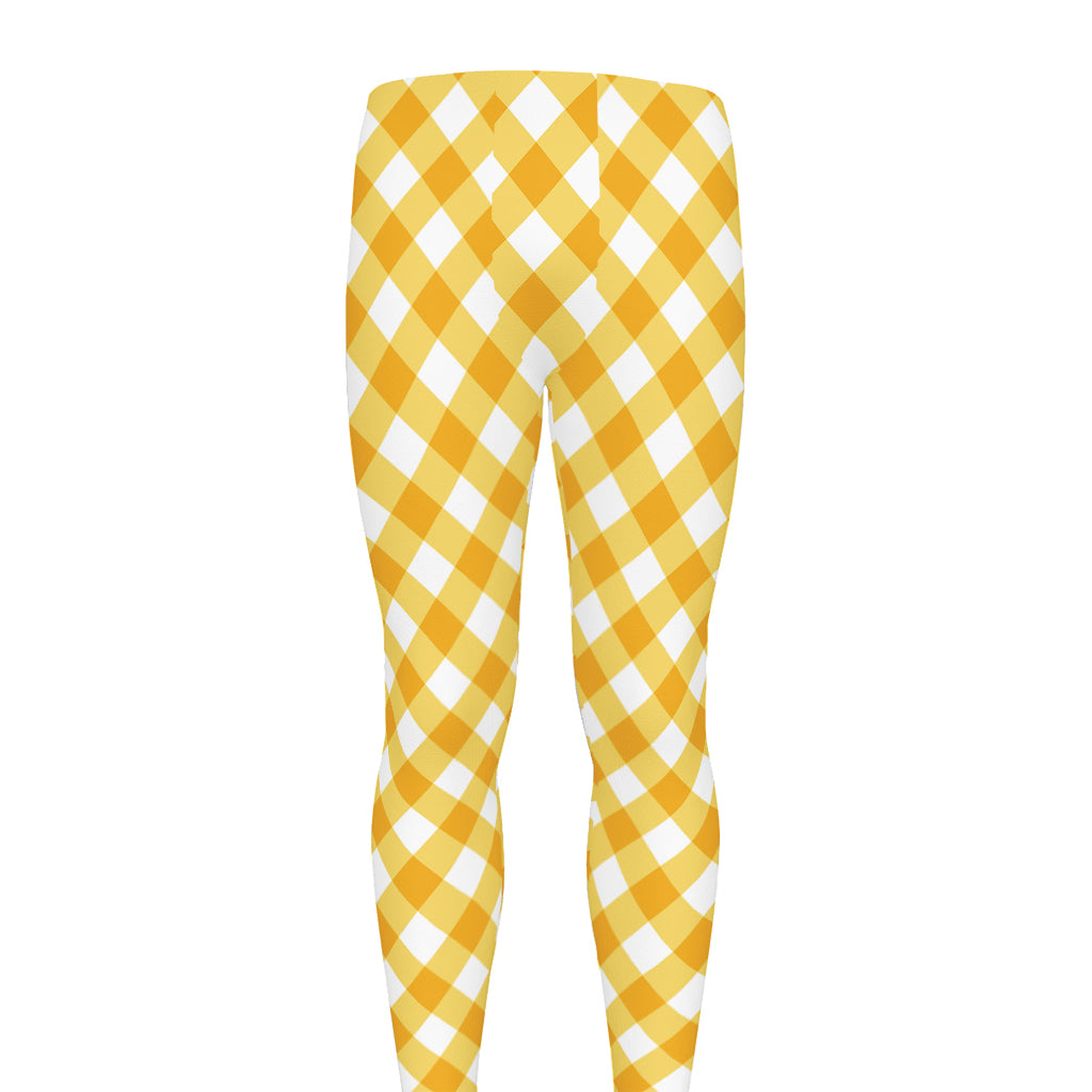 Honey Yellow And White Gingham Print Men's leggings