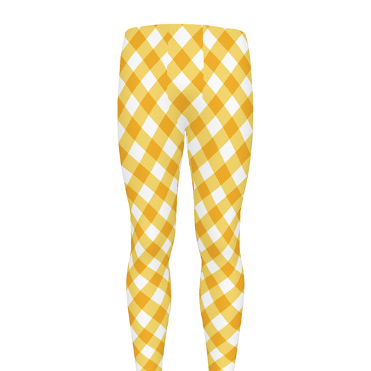 Honey Yellow And White Gingham Print Men's leggings