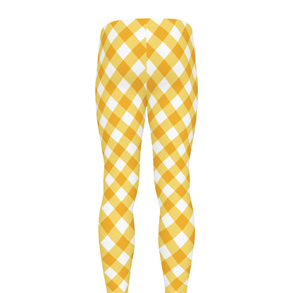 Honey Yellow And White Gingham Print Men's leggings