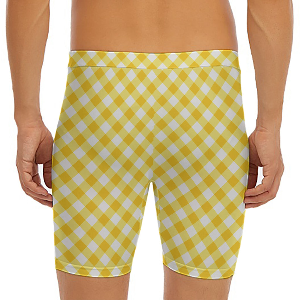 Honey Yellow And White Gingham Print Men's Long Boxer Briefs