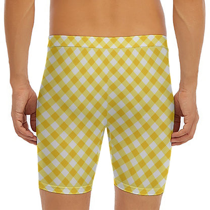 Honey Yellow And White Gingham Print Men's Long Boxer Briefs
