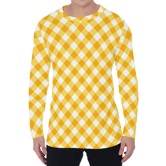 Honey Yellow And White Gingham Print Men's Long Sleeve T-Shirt