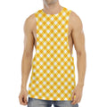 Honey Yellow And White Gingham Print Men's Muscle Tank Top