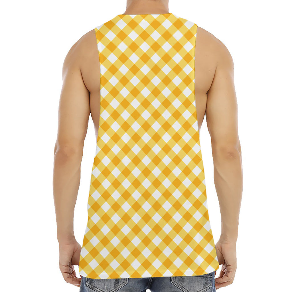 Honey Yellow And White Gingham Print Men's Muscle Tank Top