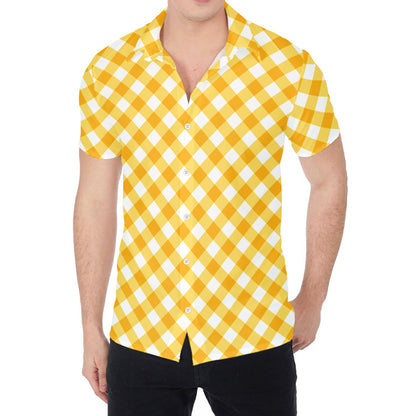 Honey Yellow And White Gingham Print Men's Shirt