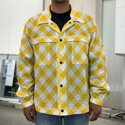Honey Yellow And White Gingham Print Men's Shirt Jacket