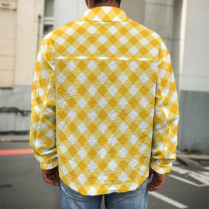 Honey Yellow And White Gingham Print Men's Shirt Jacket