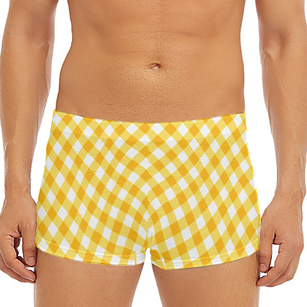 Honey Yellow And White Gingham Print Men's Short Boxer Briefs