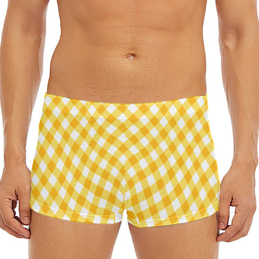 Honey Yellow And White Gingham Print Men's Short Boxer Briefs