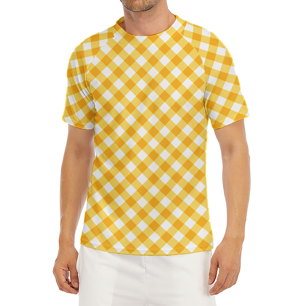 Honey Yellow And White Gingham Print Men's Short Sleeve Rash Guard
