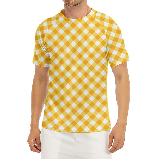 Honey Yellow And White Gingham Print Men's Short Sleeve Rash Guard