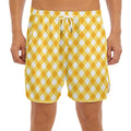 Honey Yellow And White Gingham Print Men's Split Running Shorts