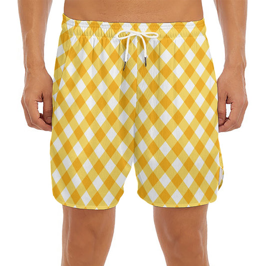 Honey Yellow And White Gingham Print Men's Split Running Shorts