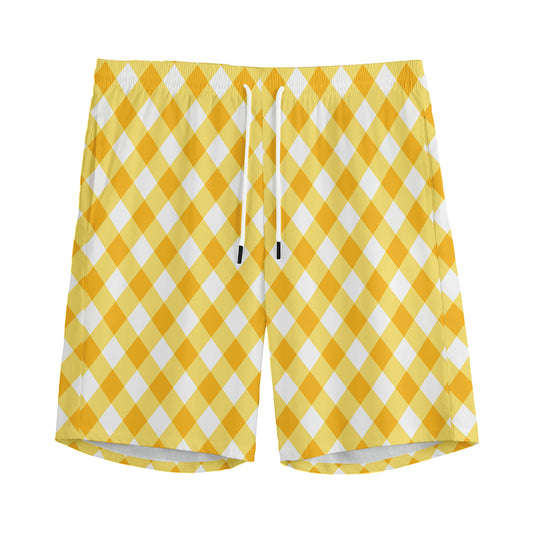 Honey Yellow And White Gingham Print Men's Sports Shorts