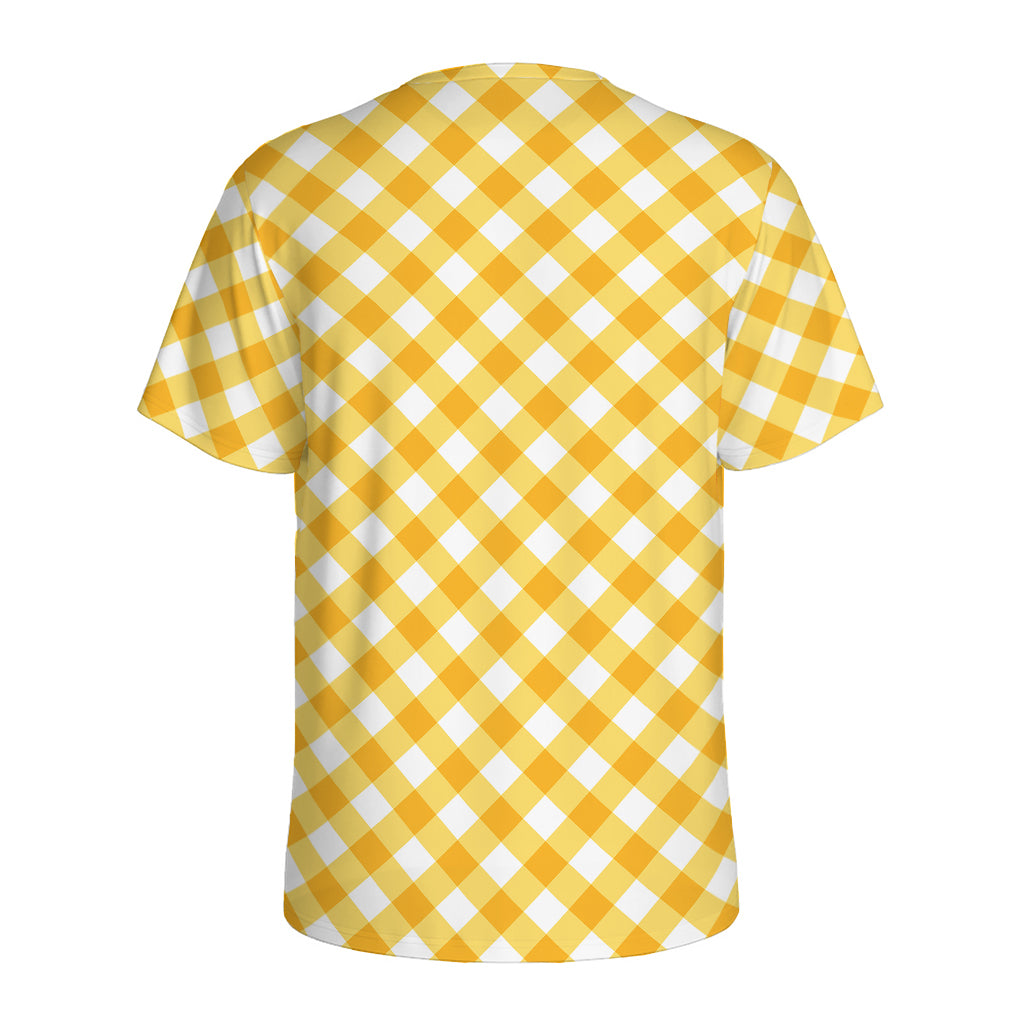 Honey Yellow And White Gingham Print Men's Sports T-Shirt