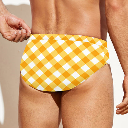 Honey Yellow And White Gingham Print Men's Swim Briefs