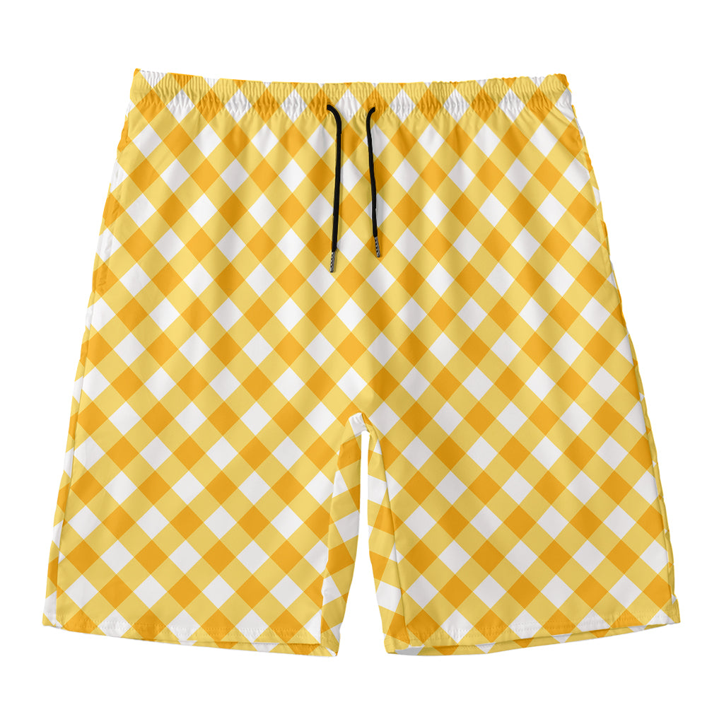 Honey Yellow And White Gingham Print Men's Swim Trunks
