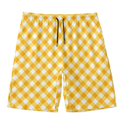 Honey Yellow And White Gingham Print Men's Swim Trunks