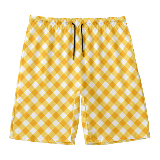 Honey Yellow And White Gingham Print Men's Swim Trunks