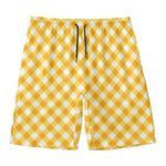 Honey Yellow And White Gingham Print Men's Swim Trunks