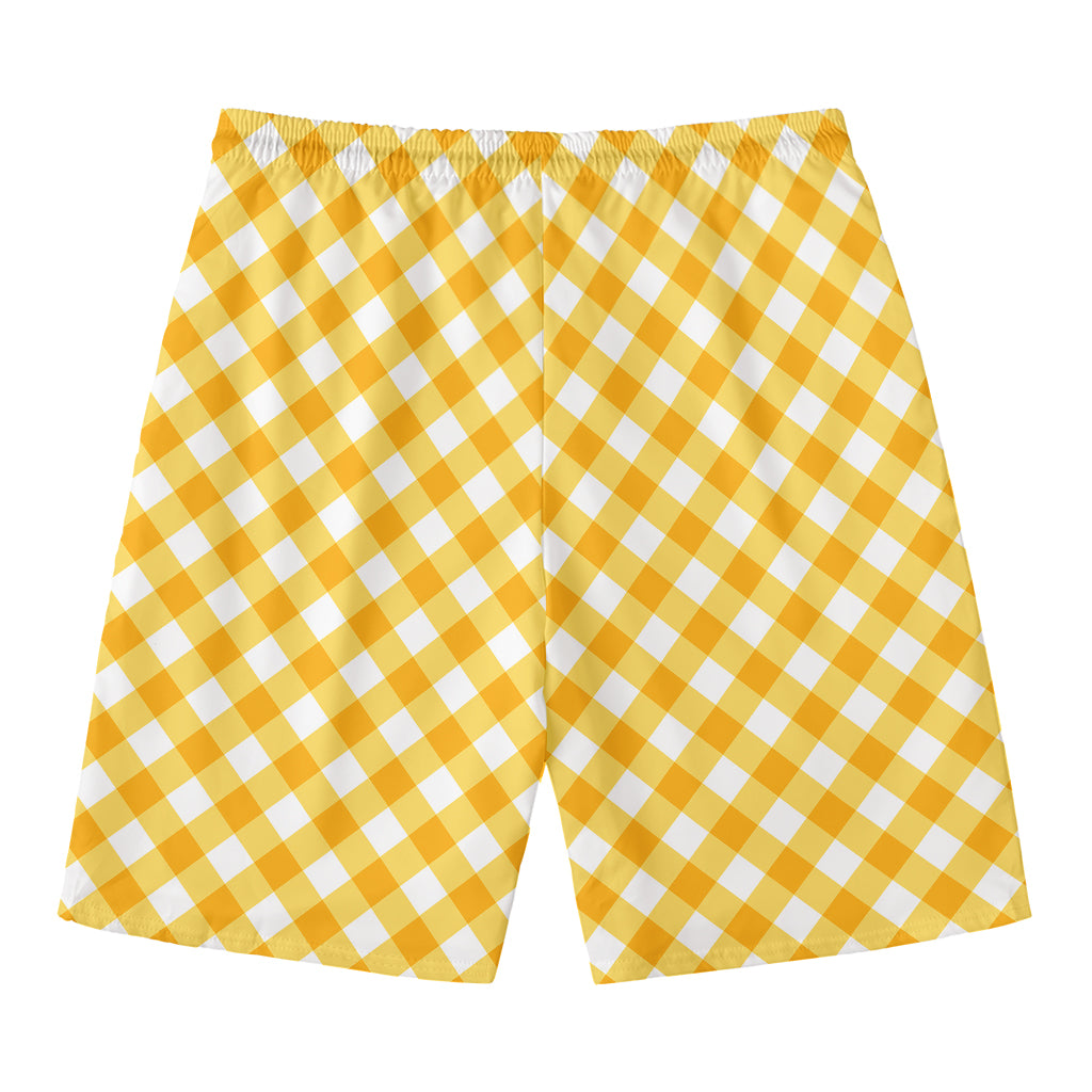 Honey Yellow And White Gingham Print Men's Swim Trunks