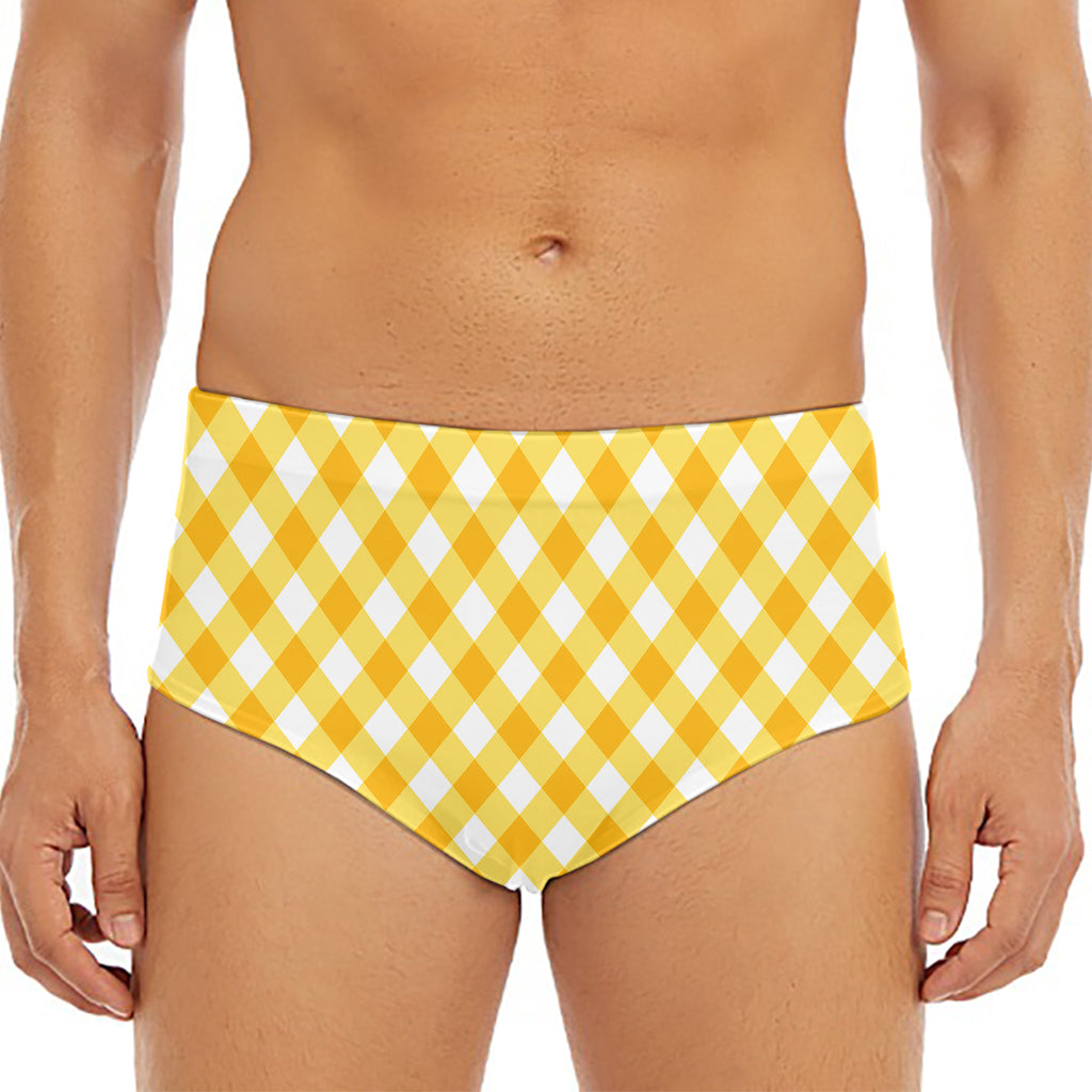Honey Yellow And White Gingham Print Men's Triangle Swim Briefs