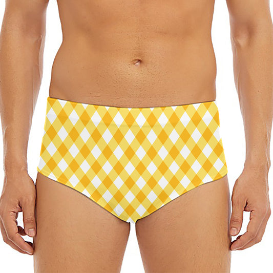 Honey Yellow And White Gingham Print Men's Triangle Swim Briefs