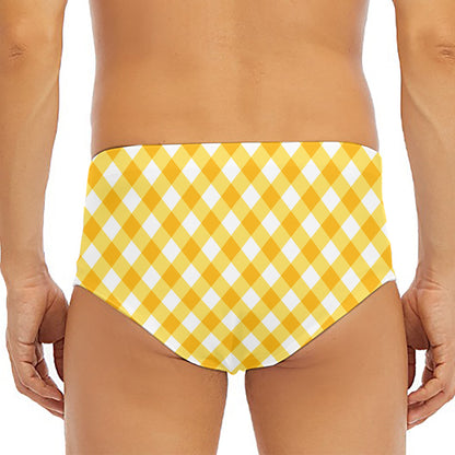 Honey Yellow And White Gingham Print Men's Triangle Swim Briefs
