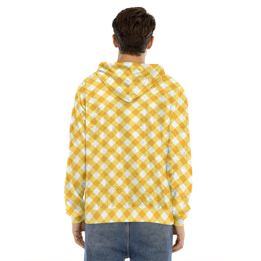 Honey Yellow And White Gingham Print Men's Velvet Pullover Hoodie