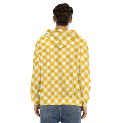 Honey Yellow And White Gingham Print Men's Velvet Pullover Hoodie