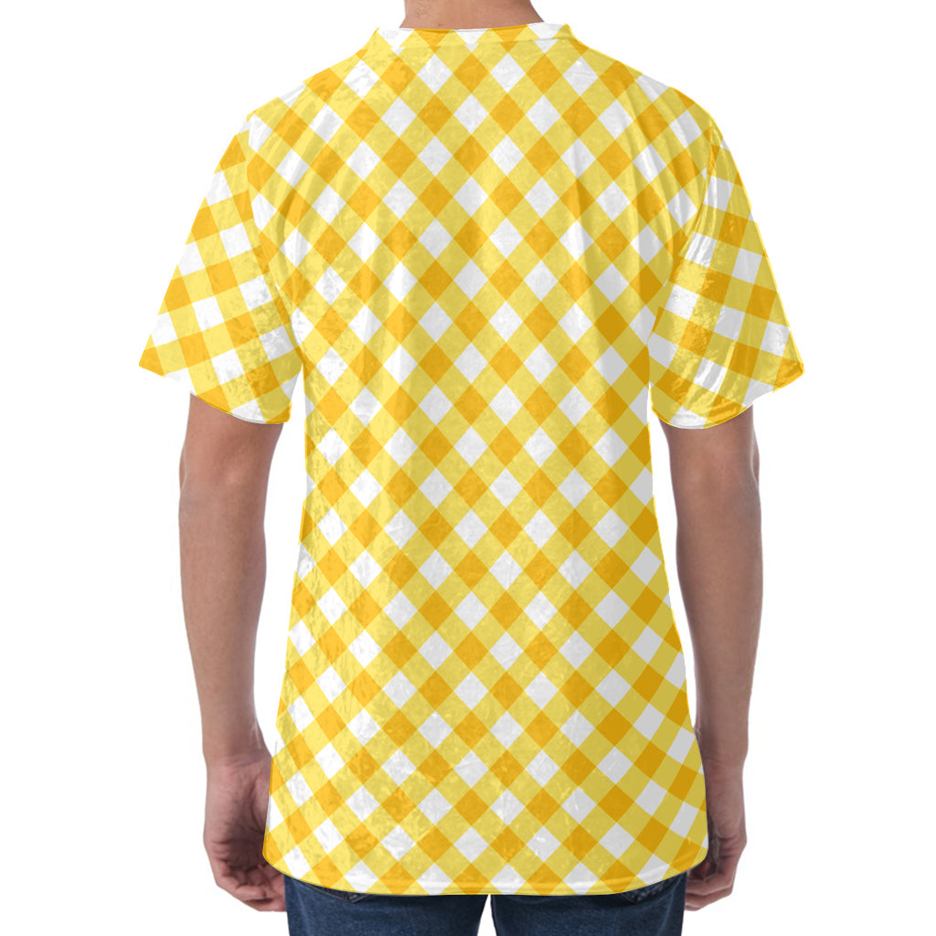 Honey Yellow And White Gingham Print Men's Velvet T-Shirt