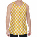 Honey Yellow And White Gingham Print Men's Velvet Tank Top