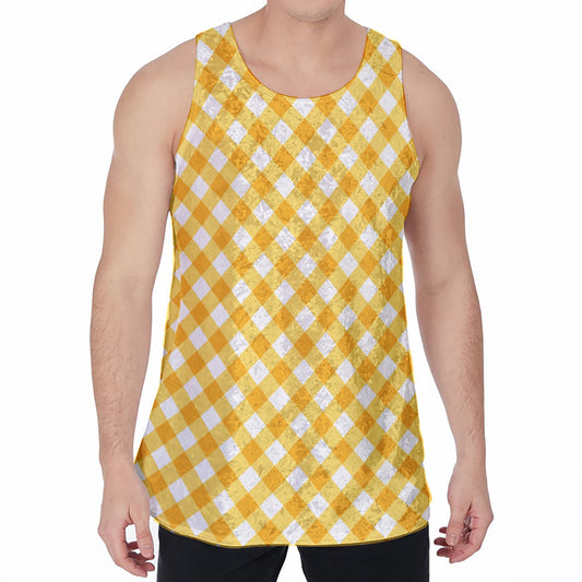 Honey Yellow And White Gingham Print Men's Velvet Tank Top