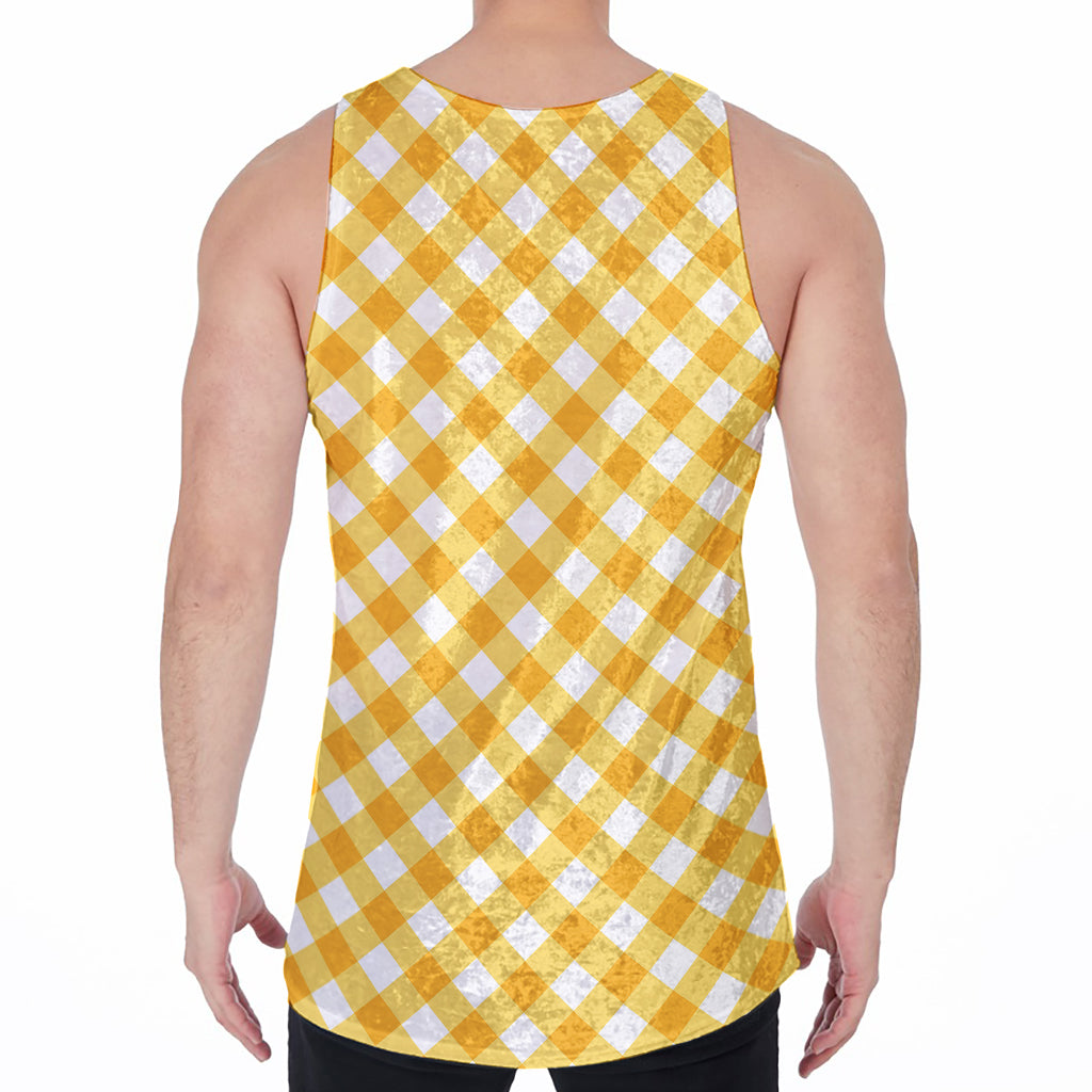 Honey Yellow And White Gingham Print Men's Velvet Tank Top
