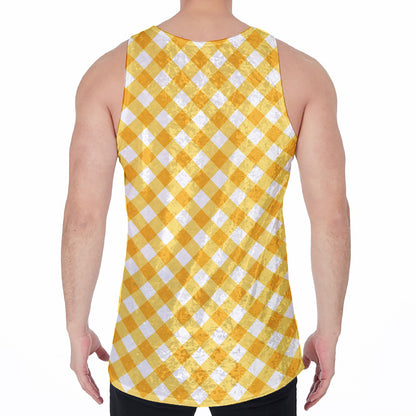 Honey Yellow And White Gingham Print Men's Velvet Tank Top