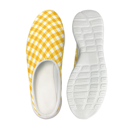 Honey Yellow And White Gingham Print Mesh Casual Shoes