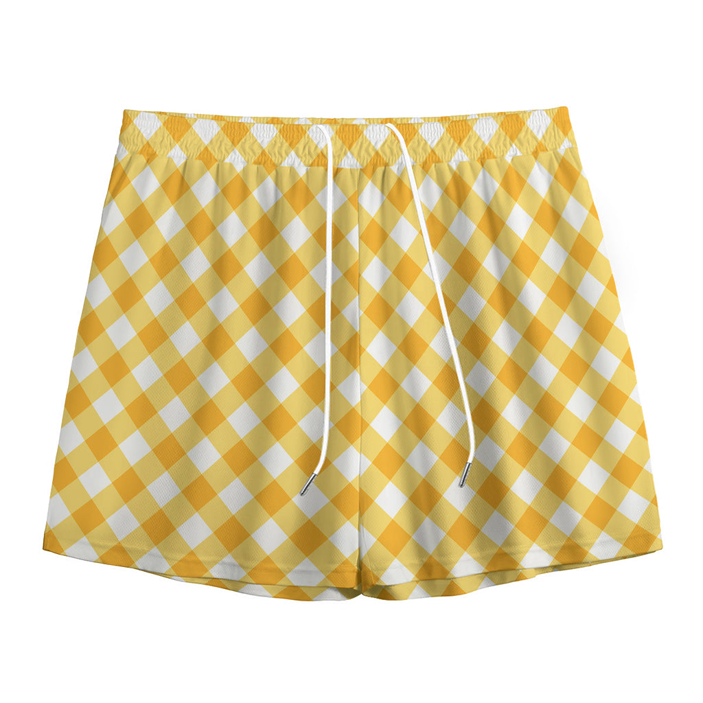 Honey Yellow And White Gingham Print Mesh Shorts