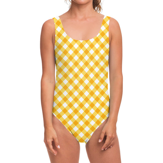Honey Yellow And White Gingham Print One Piece Swimsuit