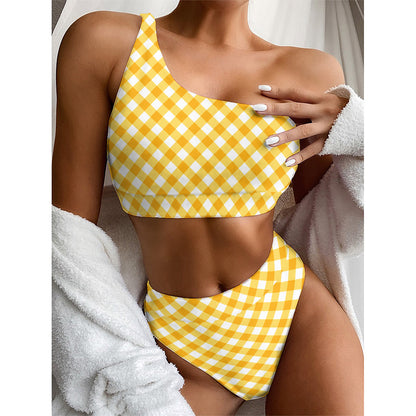 Honey Yellow And White Gingham Print One Shoulder Bikini Top