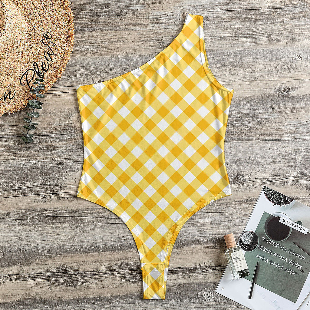 Honey Yellow And White Gingham Print One Shoulder Bodysuit