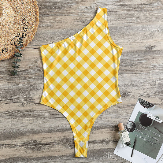 Honey Yellow And White Gingham Print One Shoulder Bodysuit